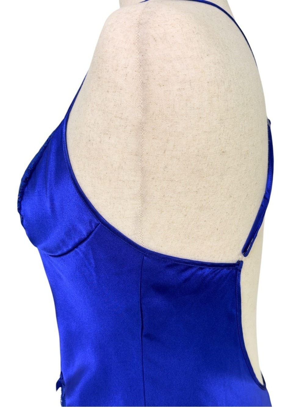 Shirley of Hollywood Maxi Satin Lace Side Slip Dress M Fairy, Romantic, Hot Blue - Picture 6 of 13